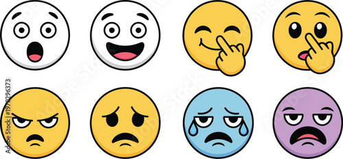 Eight colorful emoji faces depicting a range of human emotions, from joy and laughter to sadness and worry, vibrant expressive vector illustration, perfect for digital, web, and UI projects.