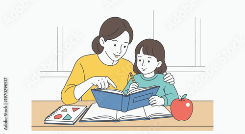 A woman and a girl sitting at a table reading a book with an apple and another book on the table in a simple illustration.
