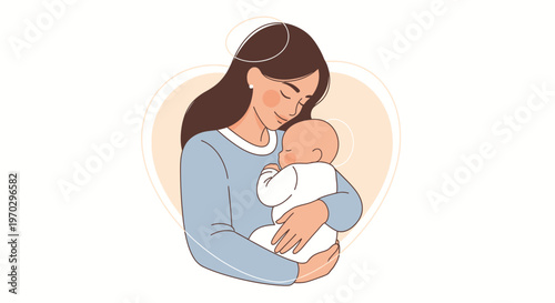 Illustration of a woman holding a baby in her arms with a warm beige background and soft color palette.
