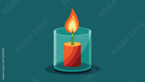 A single candle with a bright orange and yellow flame burns within a clear glass holder, casting a warm glow against a dark teal background, symbolizing hope and light