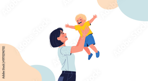 Illustration of a man playfully lifting a happy toddler in the air against a white background with abstract shapes.