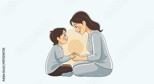 Illustration of a mother and son sitting together on the floor holding hands with a warm glow between them against a light blue background.