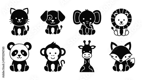 A collection of adorable black silhouette animal icons including a cat dog elephant lion panda monkey giraffe and fox high quality