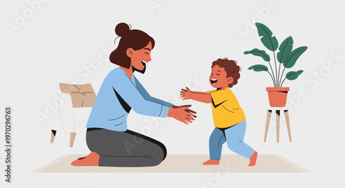 A woman and a toddler play together on a beige rug in a room with a plant and chair in the background, conveying a warm and playful mood with a flat, illustrative style.