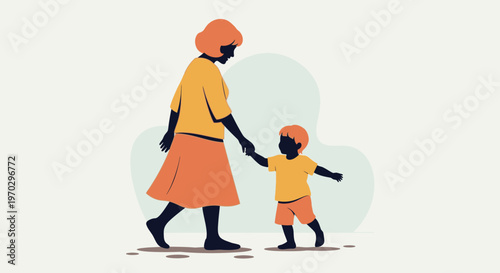 Illustration of a woman and a child walking hand in hand in a minimalist style with a light background and warm orange tones.