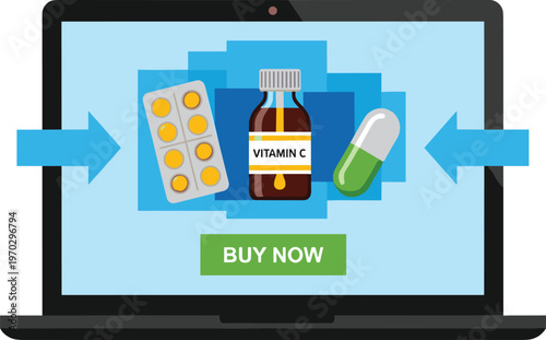 Online pharmacy store on laptop screen with medicine bottles pills and capsules for healthcare buy.