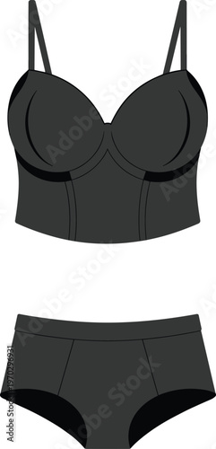 Black silhouette of a sexy women's lingerie set featuring a corset style bustier top and matching high-waisted briefs isolated on white for fashion retail concept.