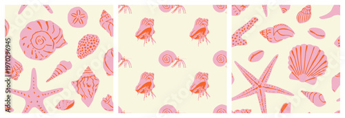 Diverse tropical beach sea shell seamless pattern set. Summer marine animal background design collection. Vacation travel concept. Ocean snail collection flat cartoon backdrop illustration.