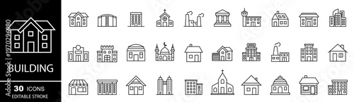 Building icons set. House, hotel, mosque, church, hangar, barn, castle, fortress. Vector illustration.