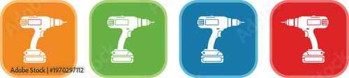 Power drill icons colorful square set construction tools silhouette symbols for hardware store decor.