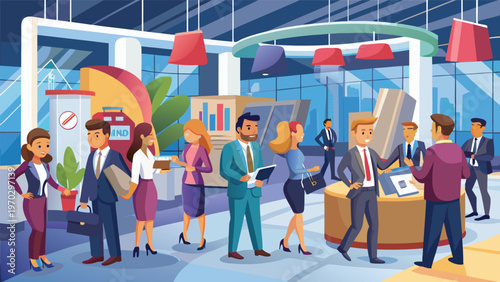 A busy, modern office interior filled with diverse professionals engaged in various work activities, suggesting a dynamic and productive corporate environment