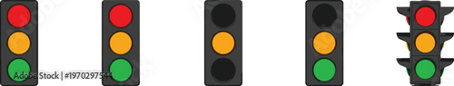Set of five traffic light variations displaying red, yellow, and green signals.