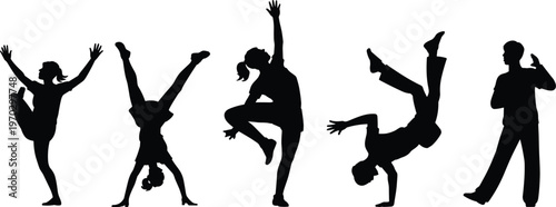 Black silhouettes of five diverse people performing energetic dance moves gymnastics and breakdance isolated on white background for sports and active lifestyle concept illustration.