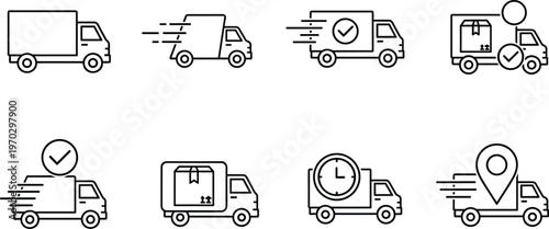 Set of eight delivery truck icons with different symbols showing speed delivery and location tracking.