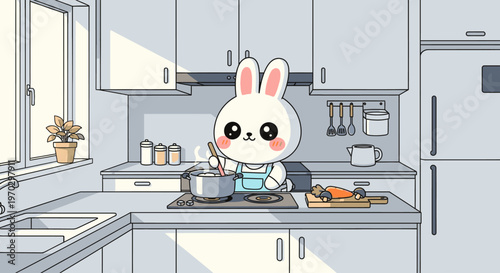 A cartoon rabbit cooks in a modern kitchen with utensils and ingredients on the counter, conveying a cheerful mood with soft pastel colors.