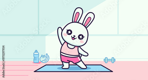 A cartoon rabbit in pink workout gear doing tree pose on a blue yoga mat with fitness equipment nearby in a pastel-colored room.