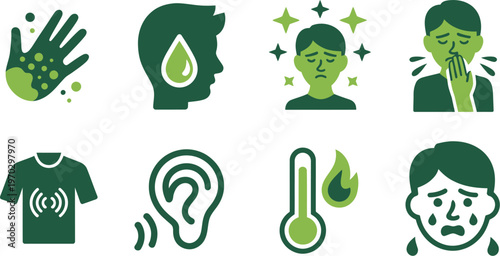 Medical sickness icons showing symptoms like fever, coughing, rash, and earache in green flat style, vector illustration for healthcare education, clinical guides, and pharmacy app design.