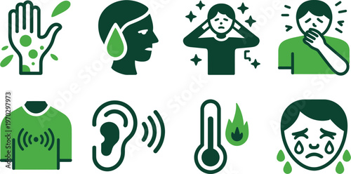 Medical sickness icons showing symptoms like fever, coughing, rash, and earache in green flat style, vector illustration for healthcare education, clinical guides, and pharmacy app design.