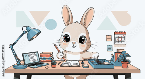 A cute cartoon rabbit sits at a cluttered desk with a laptop, papers, and office supplies in a colorful workspace with geometric shapes.