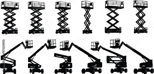 Aerial work platform silhouettes set, scissor lifts and boom lifts construction equipment hydraulic access machines vector illustration isolated collection