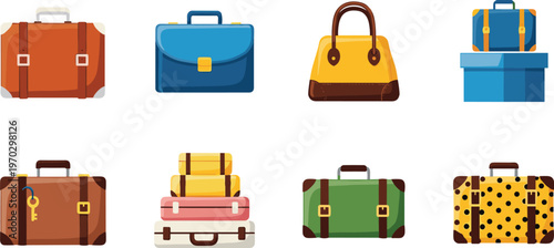 Suitcase and travel bag collection featuring various styles colors and patterns for tourism vacationing.