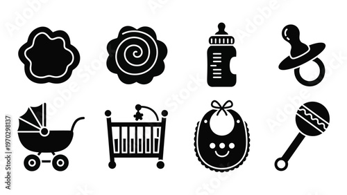 A collection of black silhouette icons depicting baby items including flowers a bottle and various nursery objects high quality professional detailed