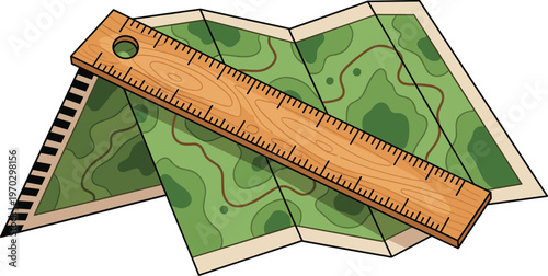 Topographic map with wooden ruler for navigation and land surveying planning and exploration equipment.