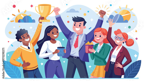 A celebratory team raising a trophy amidst confetti, embodying business success, teamwork, and a spirit of achievement and motivation