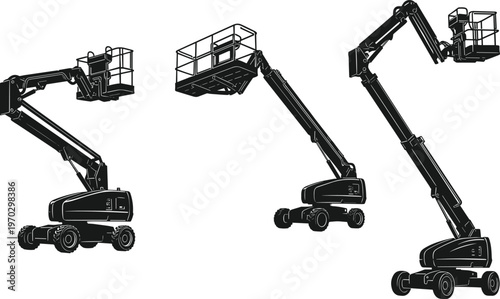 Boom lift aerial work platform silhouettes set, telescopic hydraulic lifting equipment construction machinery elevated access vehicles vector illustration collection