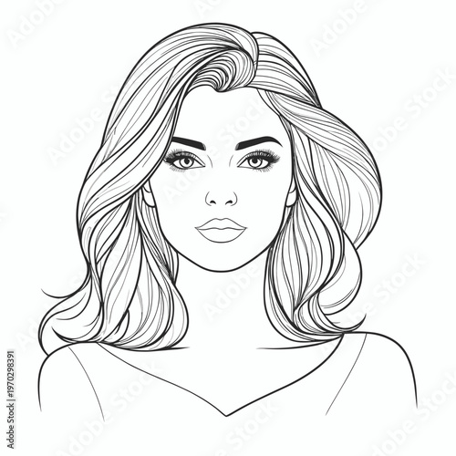 Elegant woman portrait with voluminous wavy hair in black ink sketch style for beauty blogs, hair salon websites, fashion illustrations, and creative coloring pages, with copy space.