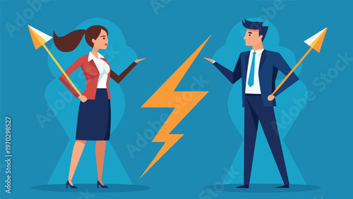 Business conflict and disagreement: two professionals stand on opposite sides, separated by a lightning bolt symbol, indicating a clash of ideas or opposing viewpoints