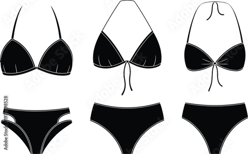 Black silhouettes of three diverse women's bikini swimwear outfits with various top and bottom designs isolated on white for summer holiday beach fashion concept.