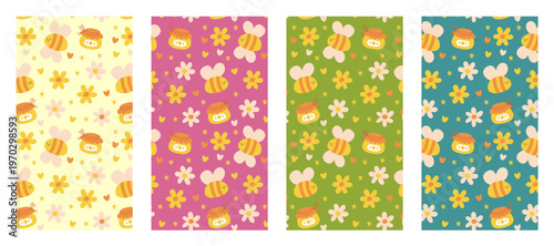 Four adorable seamless patterns with happy bees, honey jars and flowers on colorful backgrounds. Perfect for children's textile design, nursery wallpapers and cheerful summer party decorations.