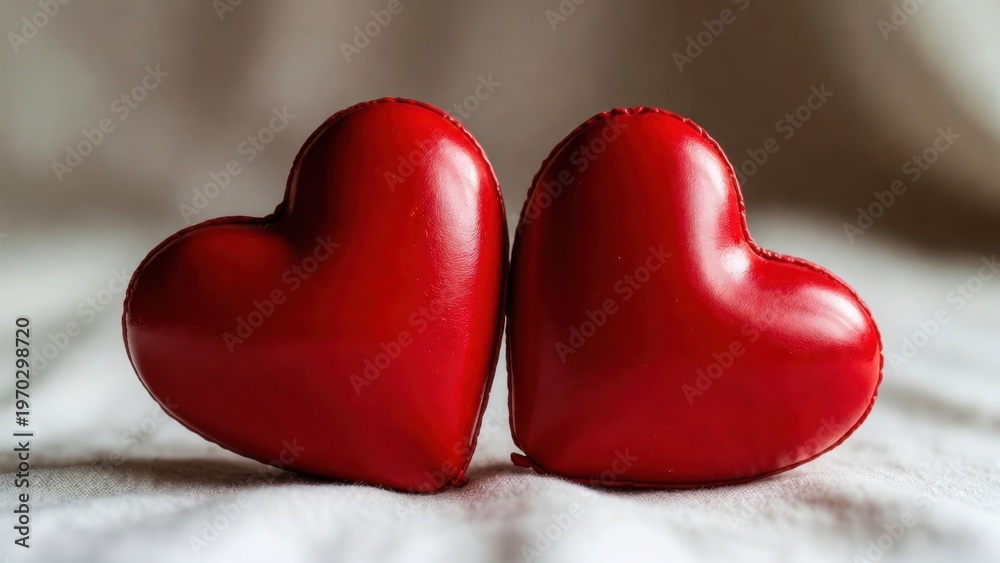 Fototapeta premium Two red hearts leaning together on textured fabric surface