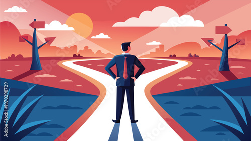 Making a crucial decision: A businessman stands at a crossroads, with arrows pointing in different directions, symbolizing choice, pathfinding, and future direction in life and career