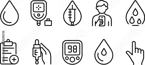 Thin line icons representing diabetes management, including blood glucose testing and insulin injection, vector illustration for medical infographics, healthcare apps, and patient education materials.
