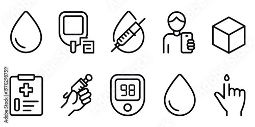Thin line icons representing diabetes management, including blood glucose testing and insulin injection, vector illustration for medical infographics, healthcare apps, and patient education materials.