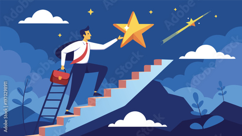 Reaching for success: A businessman climbs stairs towards a shining star, representing ambition, goals, and the journey to achieve aspirations in a dynamic night sky