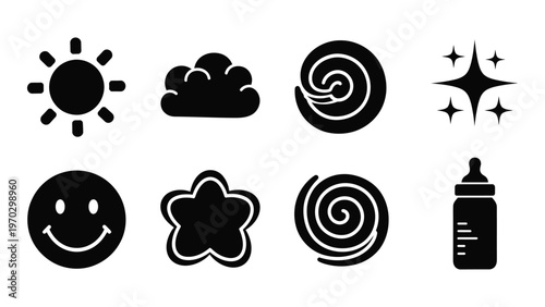 A collection of simple black silhouette icons depicts weather celestial bodies a baby and other playful elements high quality professional detailed
