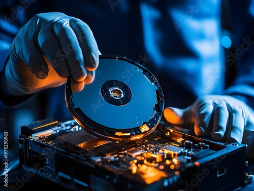 A technician inspects hard drive components, showcasing precision and expertise in data recovery and repair techniques.