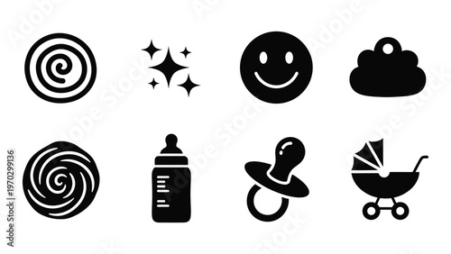 A collection of simple black icons depicts sweets baby items and weather elements in a minimalist style high quality professional detailed