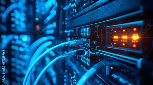 Close-up view of server connections, showcasing data transmission and network infrastructure in a modern data center.