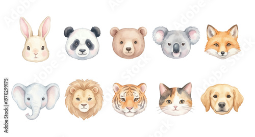Watercolor Animal Face Clipart Set — 10 Cute Wildlife & Pet Portrait 
