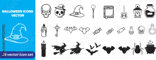 Halloween icons vector set with witch hats, skulls, bats, and potions