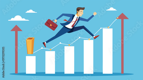 Business growth and success: A businessman leaps over a rising bar graph, symbolizing progress, achievement, and overcoming challenges on the path to success