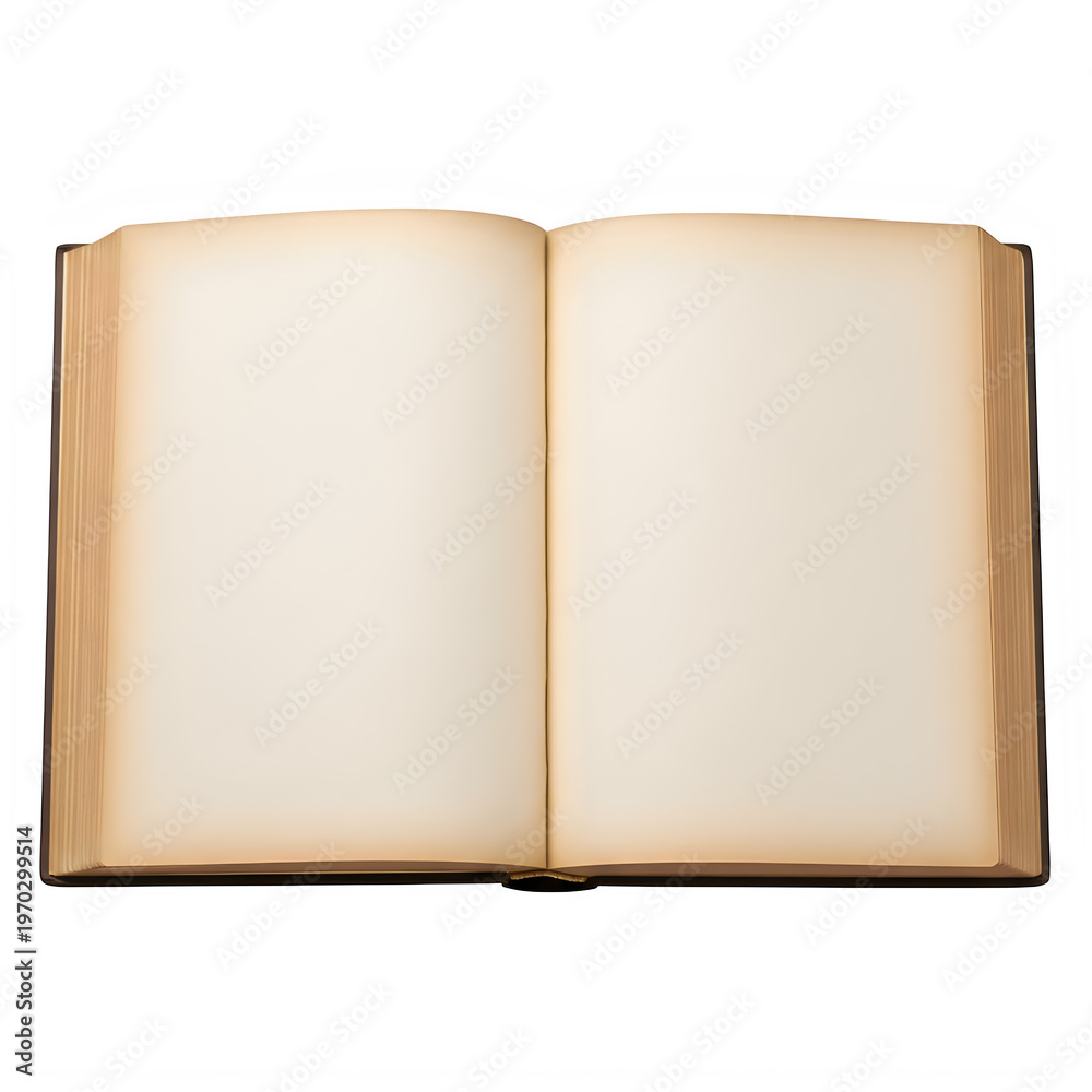 Fototapeta premium Open vintage book with blank yellowed pages isolated on transparent background top view. png