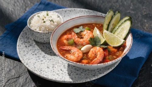 A serving of spicy shrimp soup with rice, cucumber slices, and lime wedges is presented artistically on a plate
