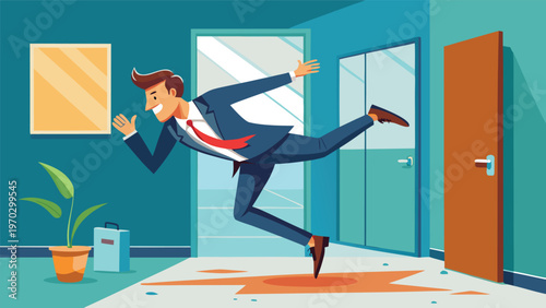 Business mishap: A businessman slips and falls in an office hallway, dropping his briefcase and papers, illustrating a sudden setback or unexpected failure