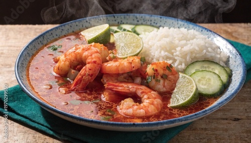 A serving of spicy shrimp soup with rice, cucumber slices, and lime wedges