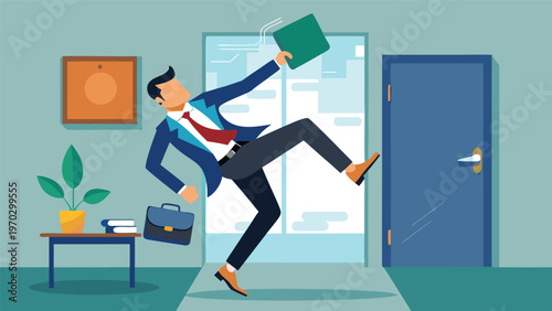 Business mishap: A businessman slips and falls in an office hallway, dropping his briefcase and papers, illustrating a sudden setback or unexpected failure